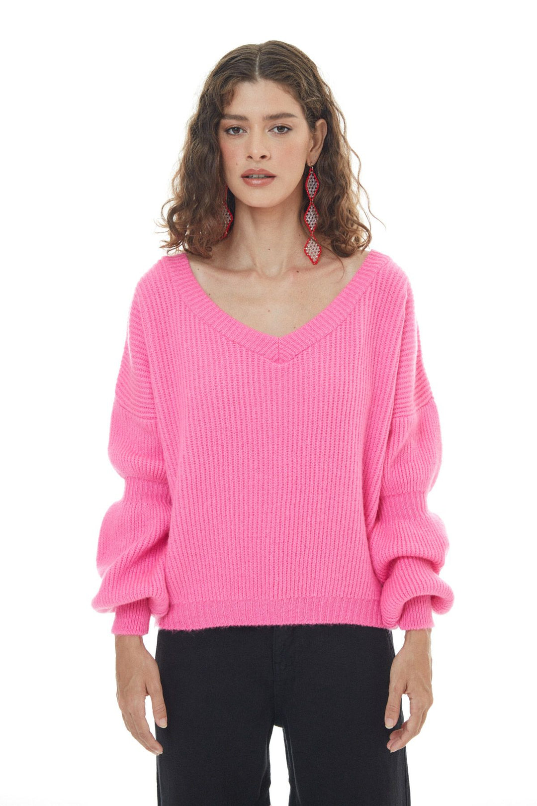 V Neck Sweater Fuchsia