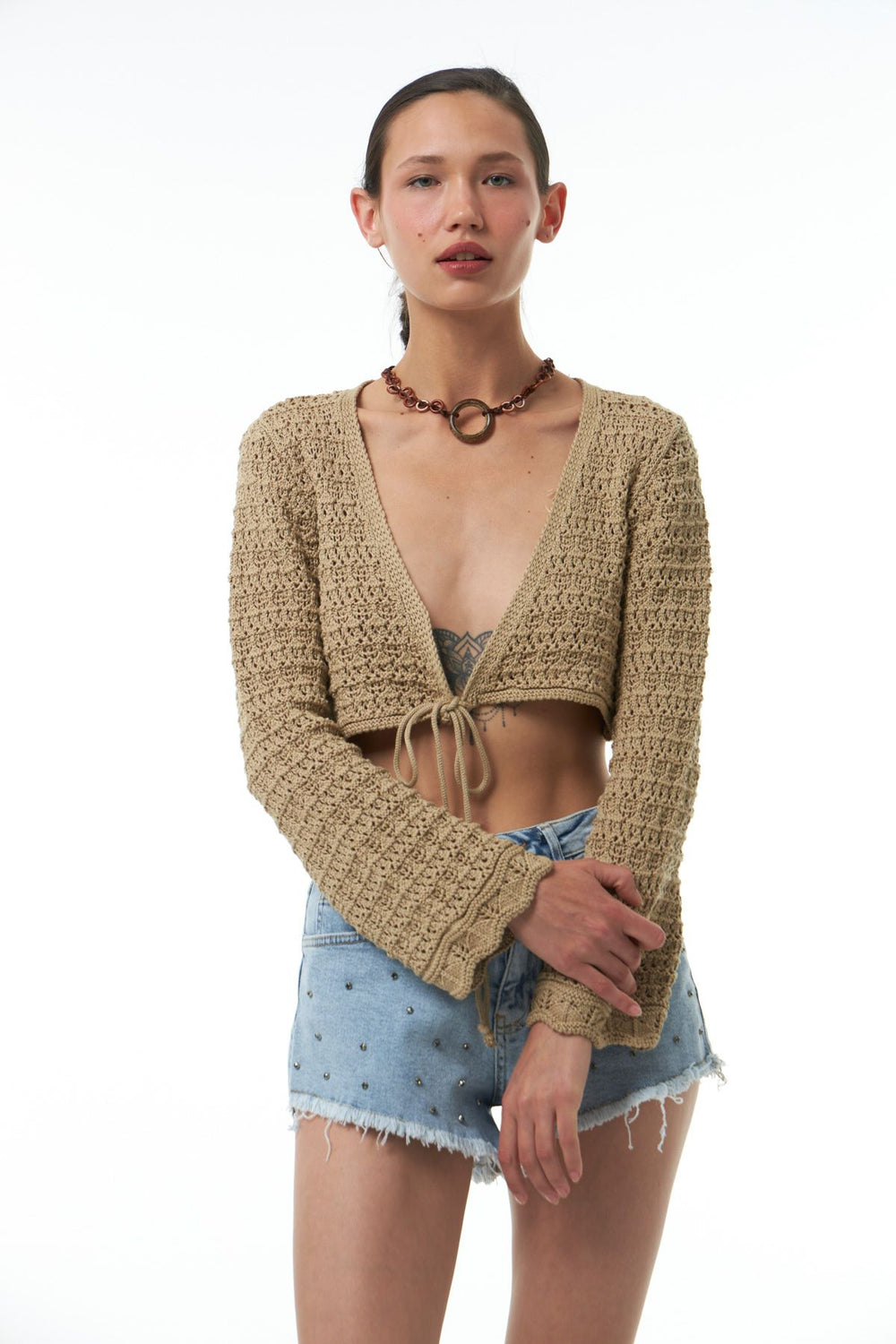 Lacing Detail Crop Knitwear Mink