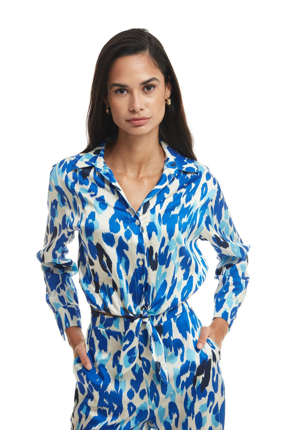 Tie Detailed Satin Shirt Sax