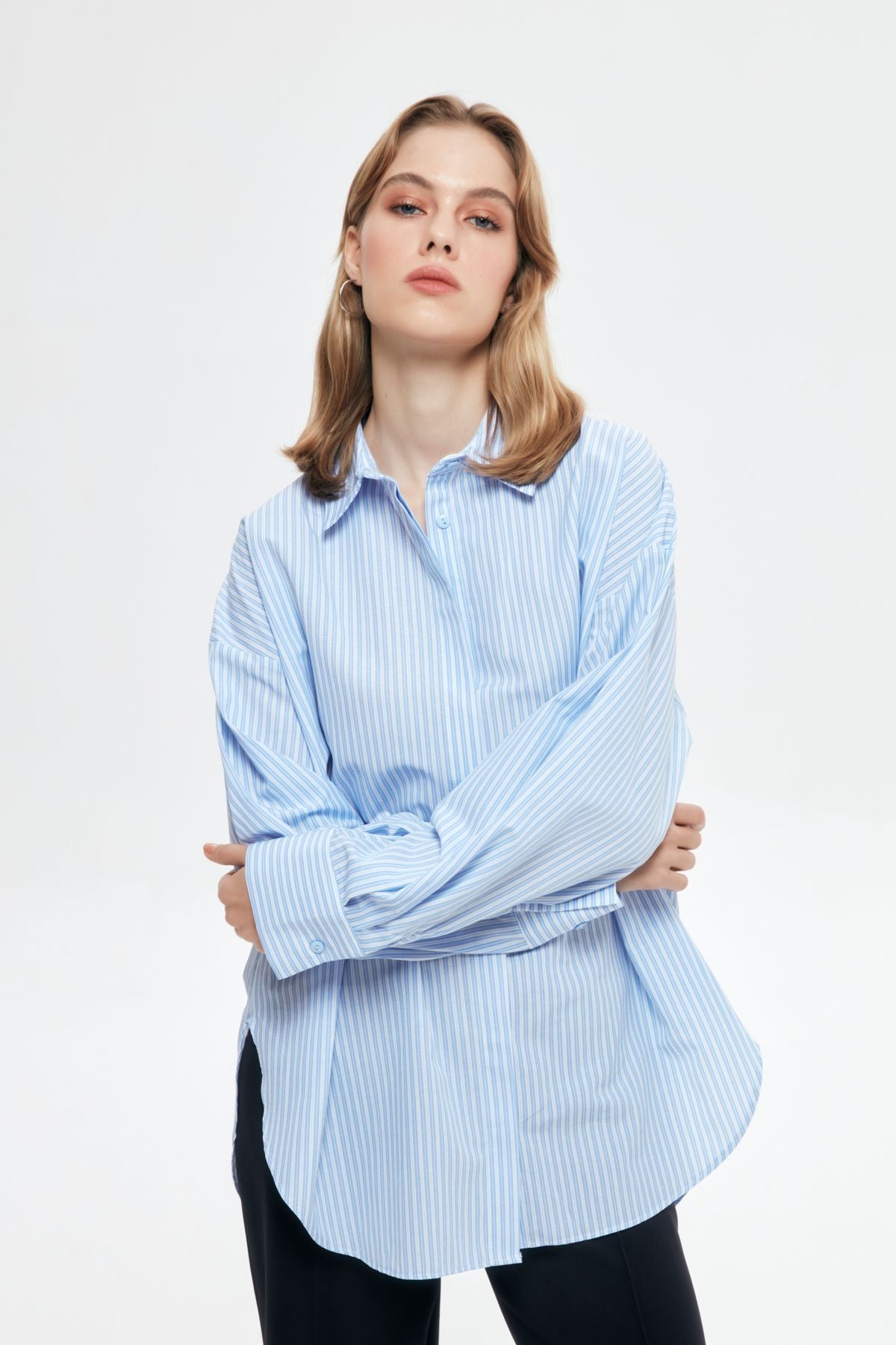 Stripe Detailed Oversize Shirt Blue