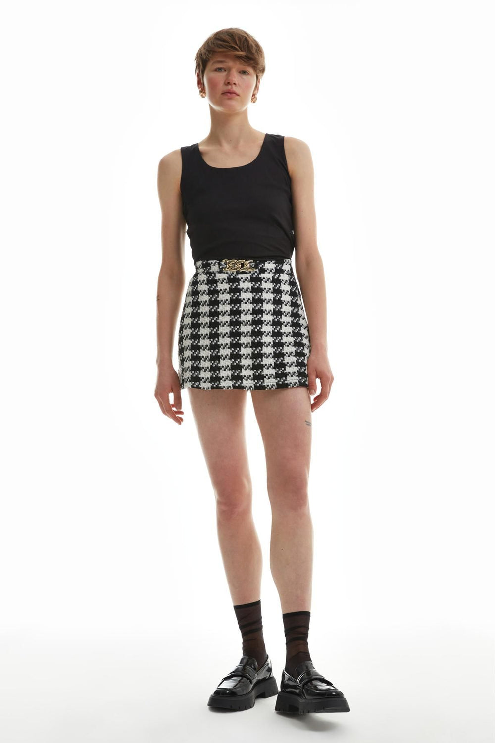 Gingham Tweed Short Skirt Ecru