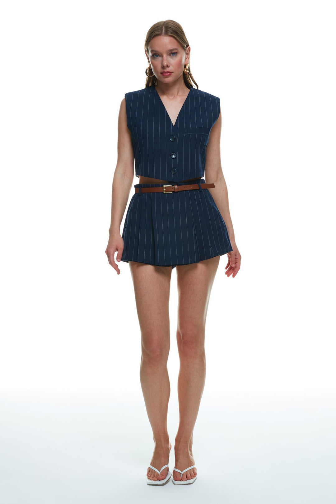 Belt Detailed Striped Short Skirt Navy Blue