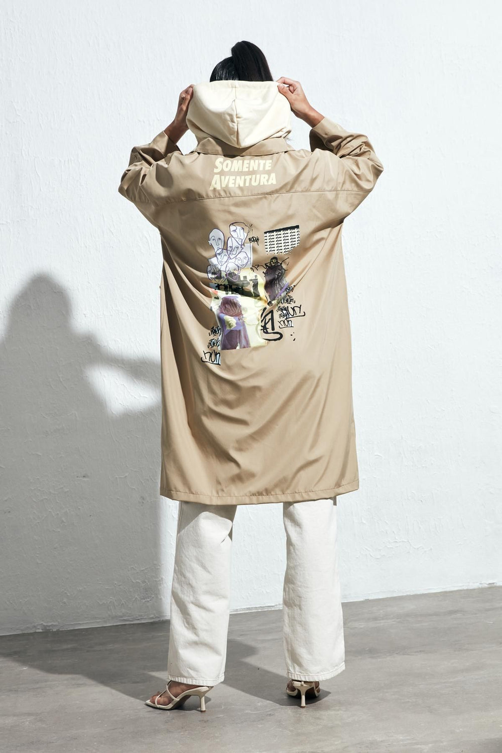Back Printed Hooded Trench Coat Beige