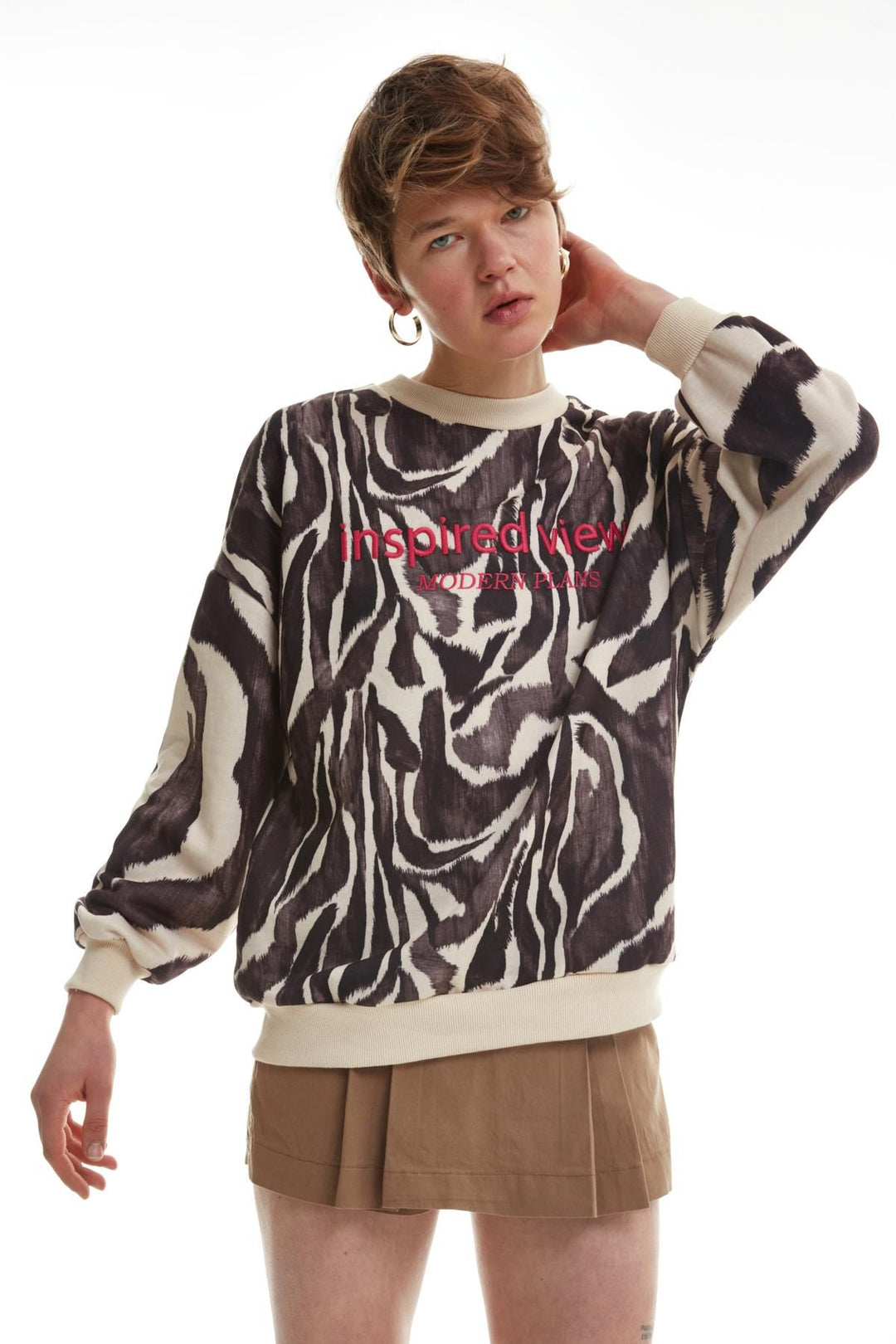 Yazı Baskılı Desenli Oversize Sweatshirt Bej
