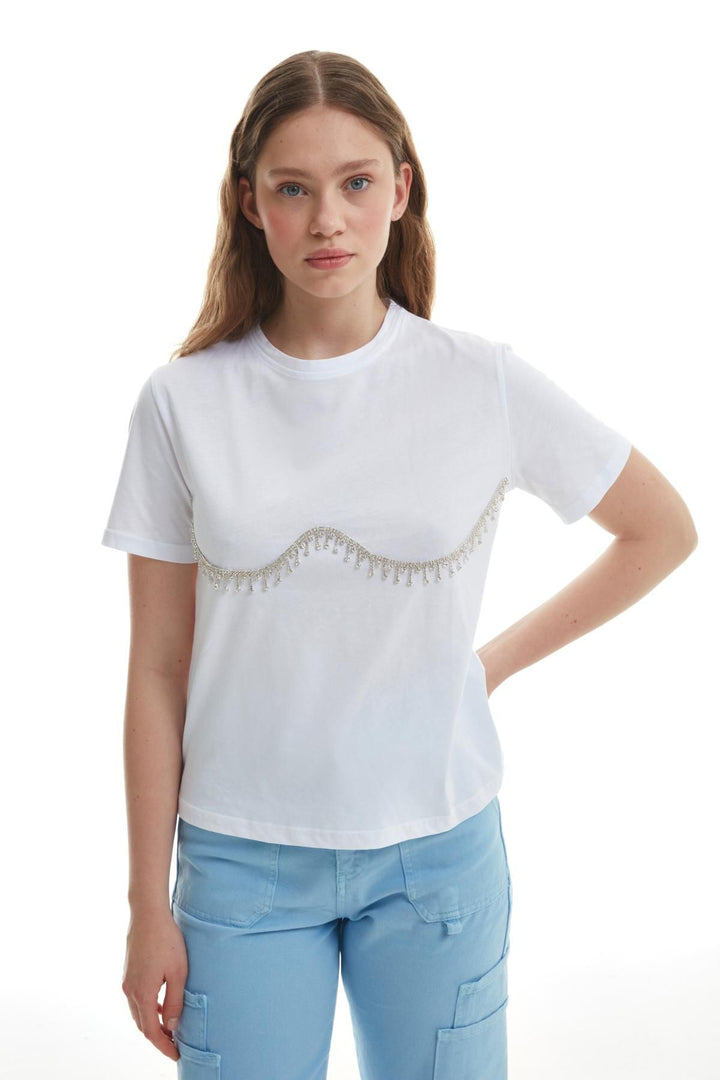 Taş İşlemeli Tişört Ekru