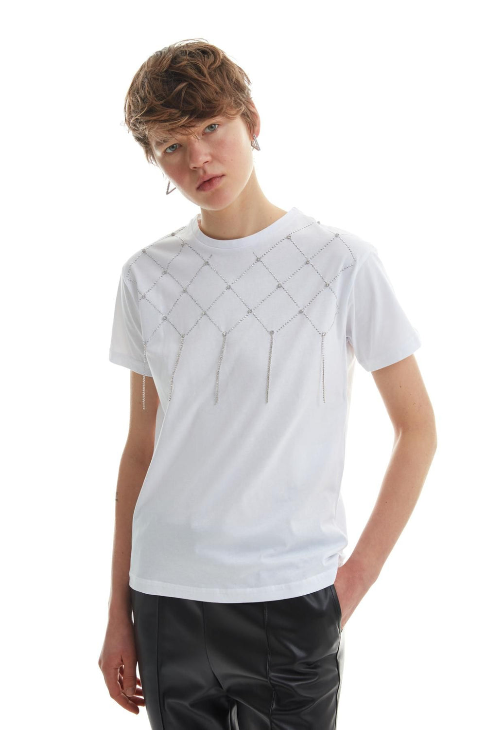 Stone Detailed Crew Neck T-Shirt White