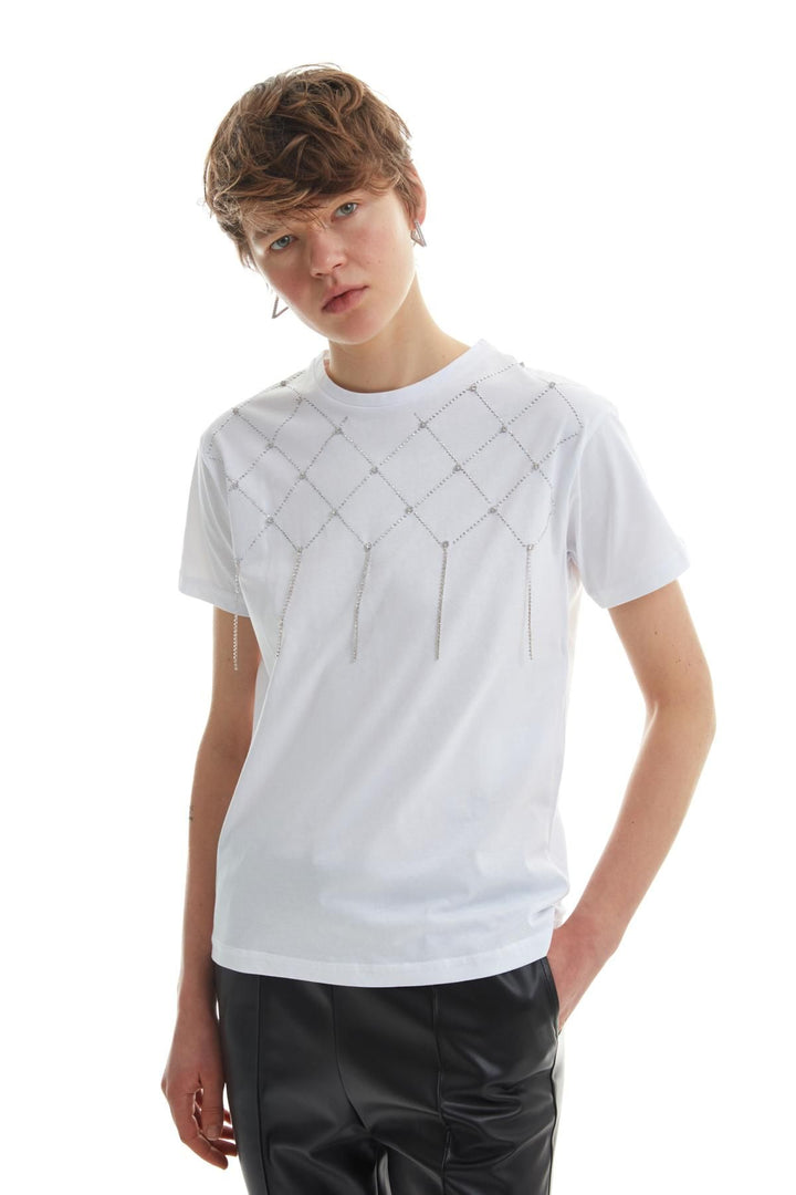 Stone Detailed Crew Neck T-Shirt White