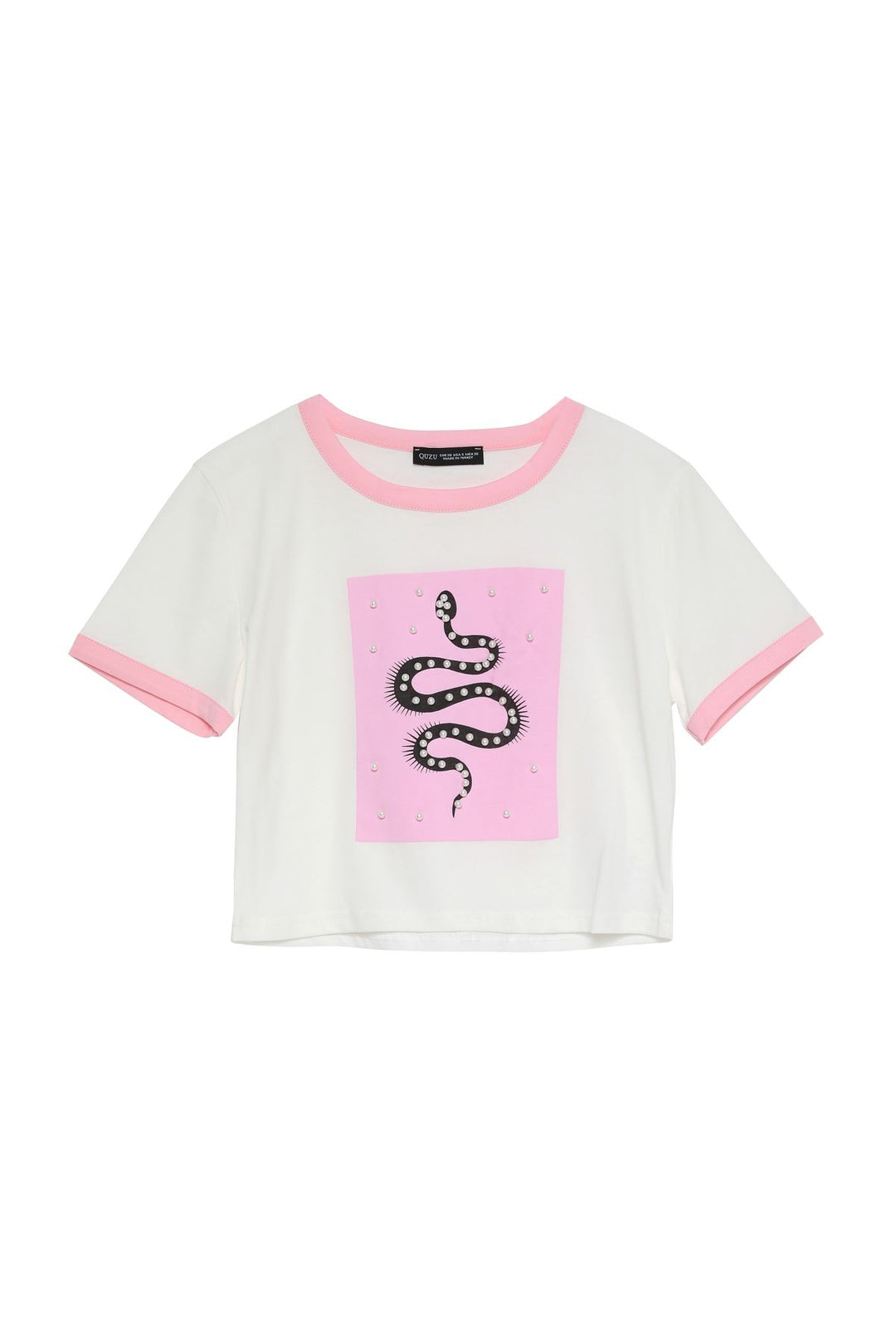 Biye Detaylı İncili Crop Tişört Ekru