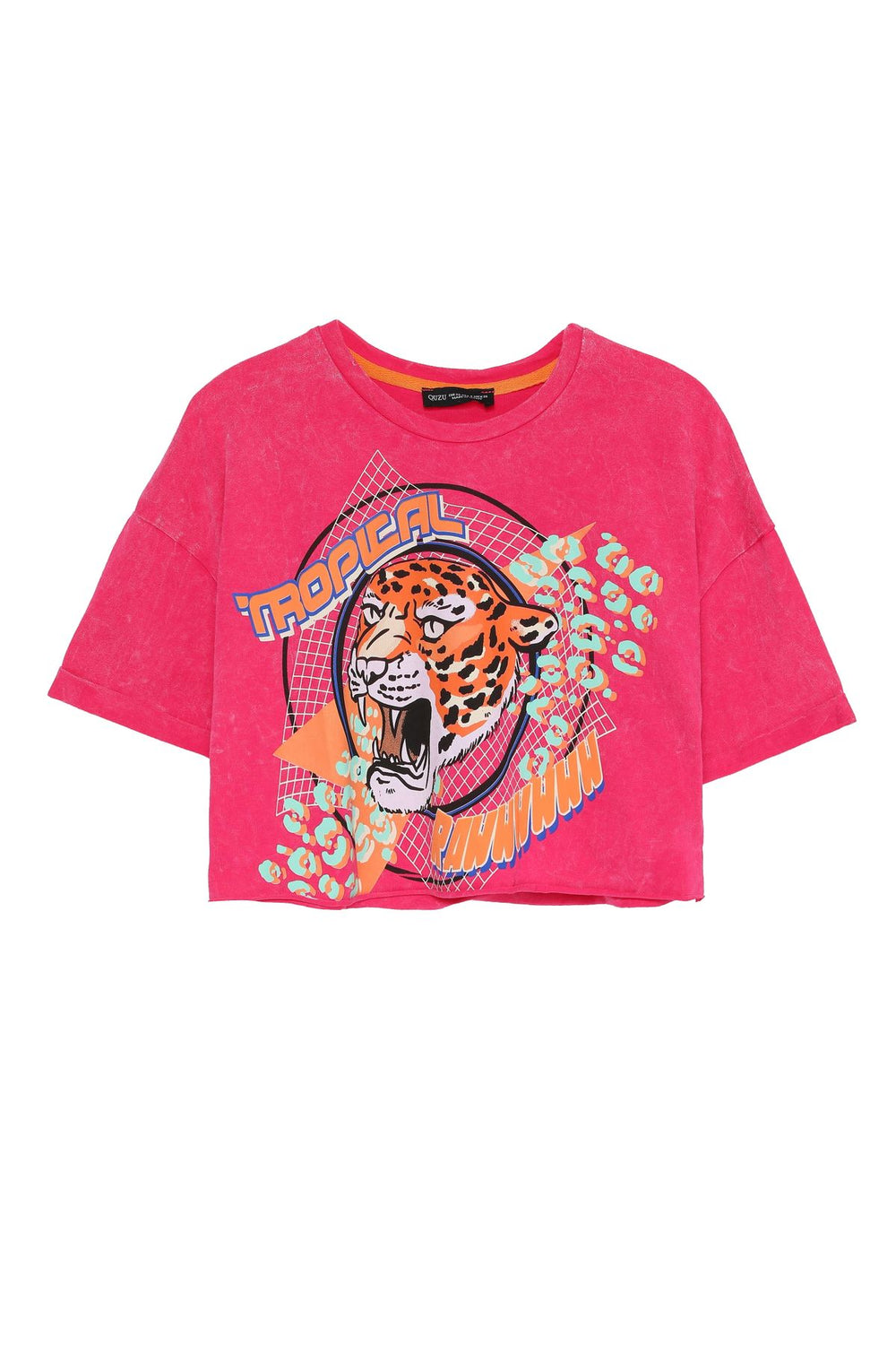 Tiger Printed Crop Detailed Crop T-Shirt Fuchsia