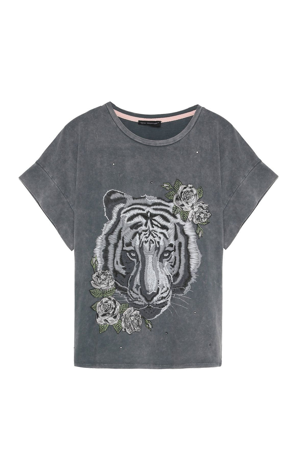 Stone Detailed Tiger Printed T-Shirt Anthracite