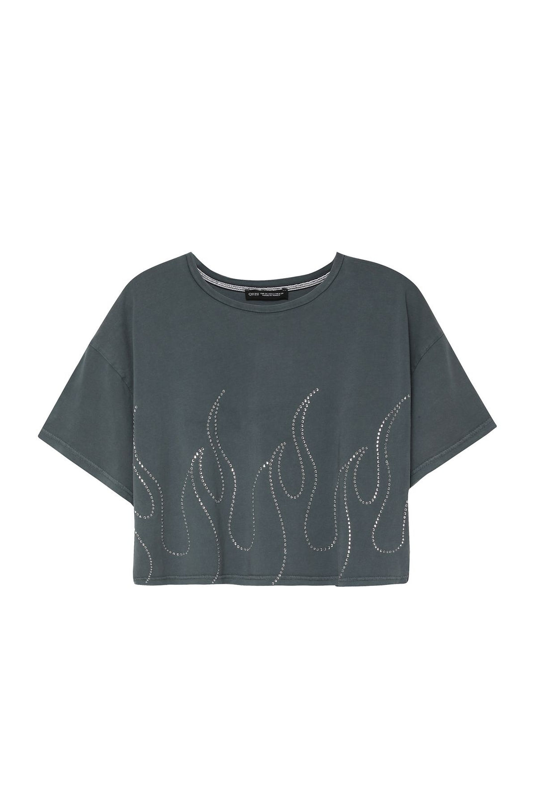 Stone Detailed Crew Neck Crop T-Shirt Anthracite