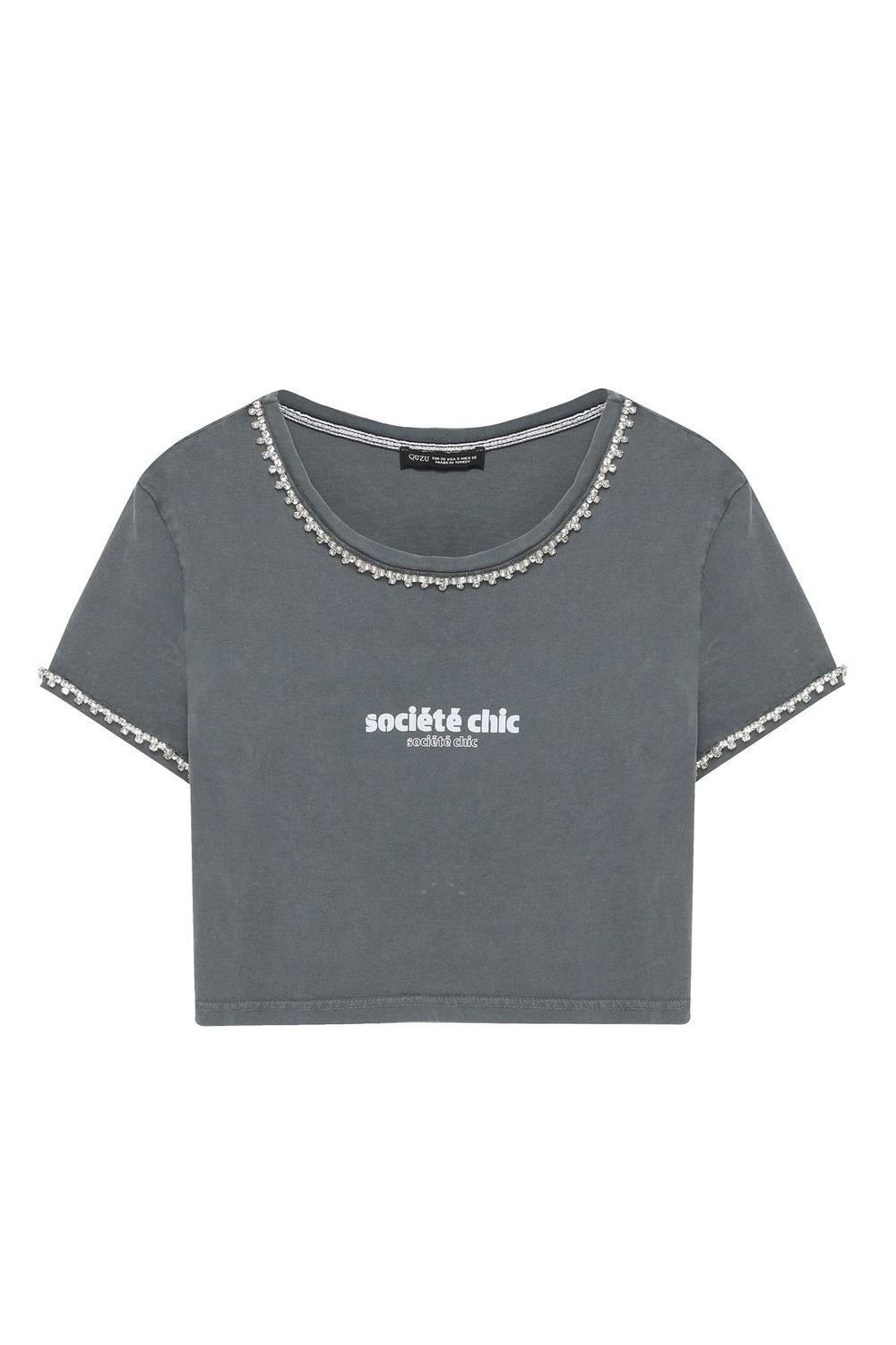 Stone Detailed Crop Printed T-Shirt Anthracite