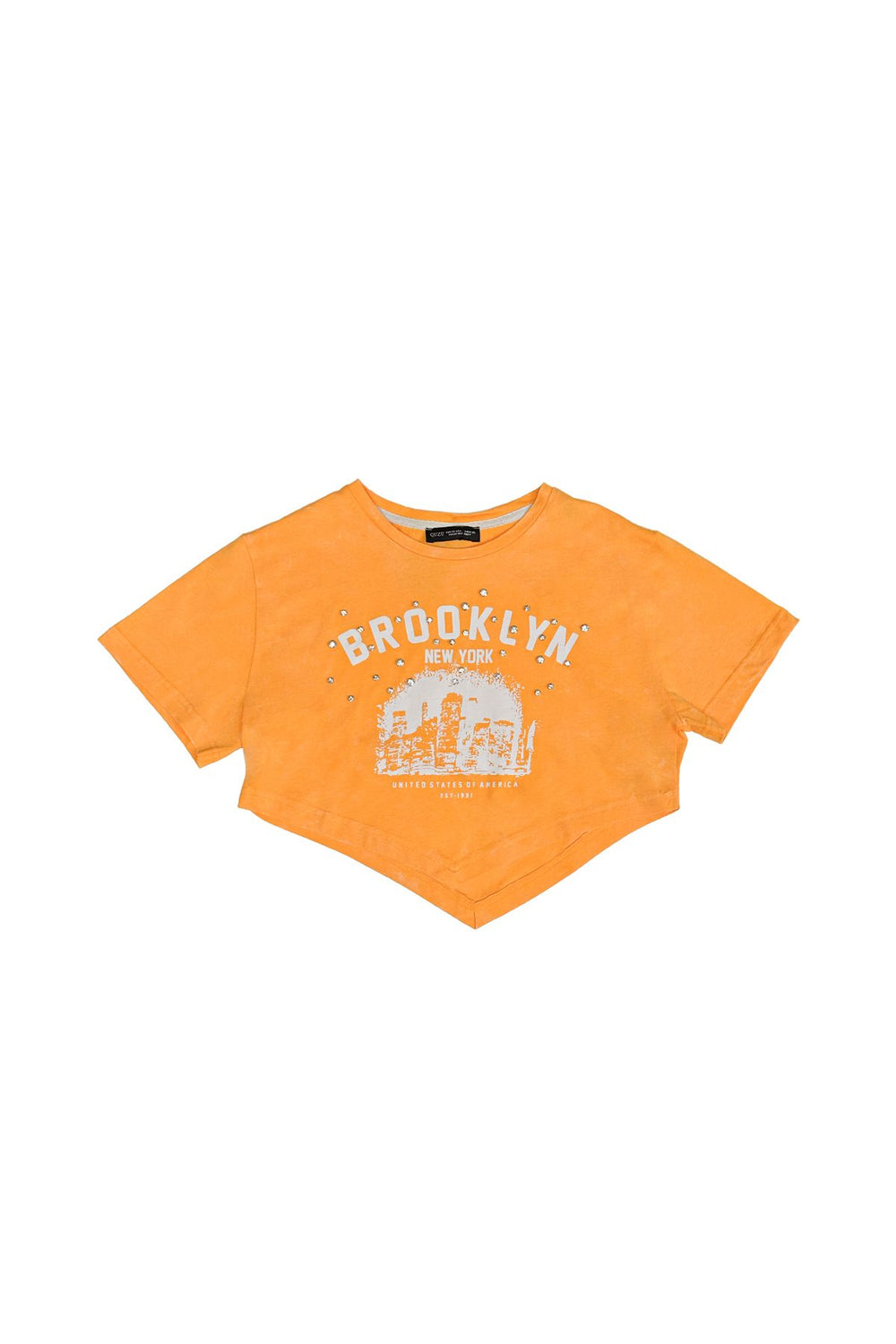 Stone Detailed Printed Crop T-Shirt Orange