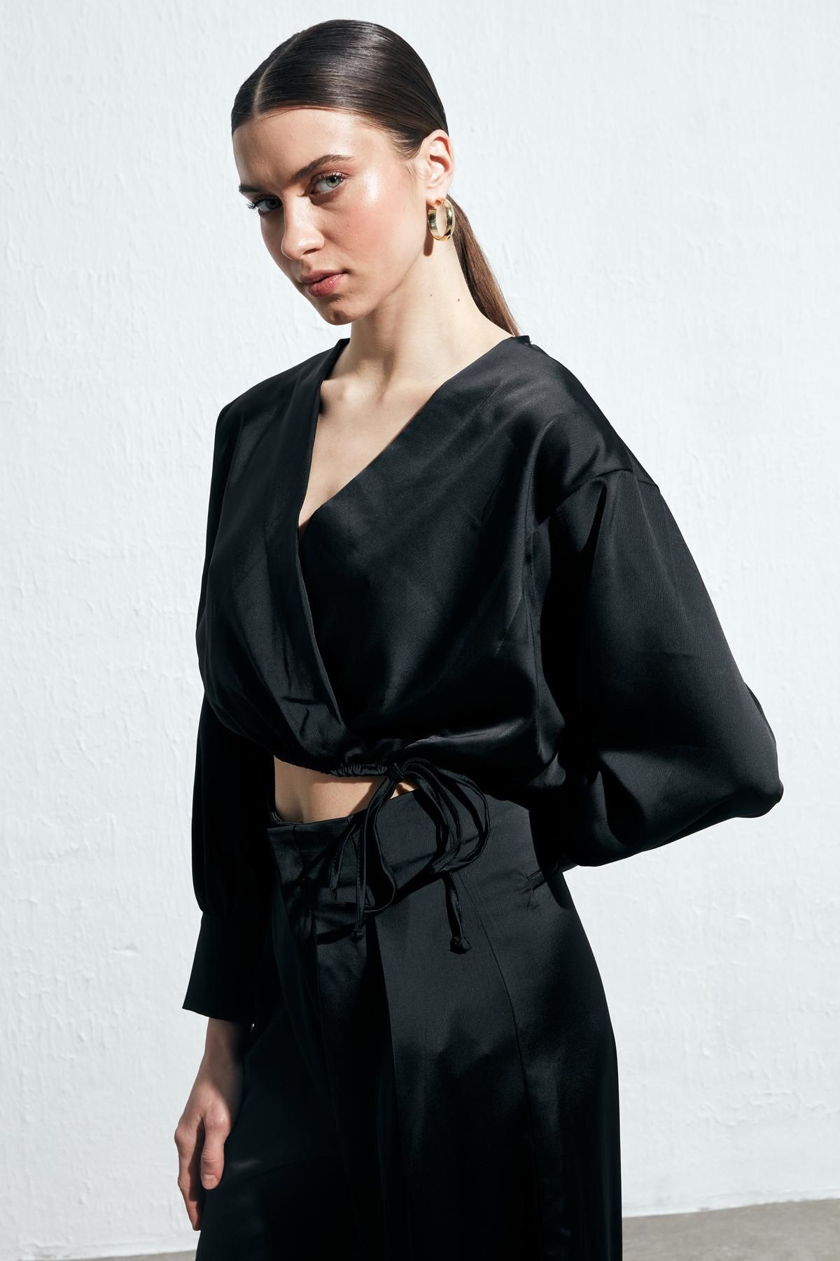 Double Breasted Satin Blouse Black