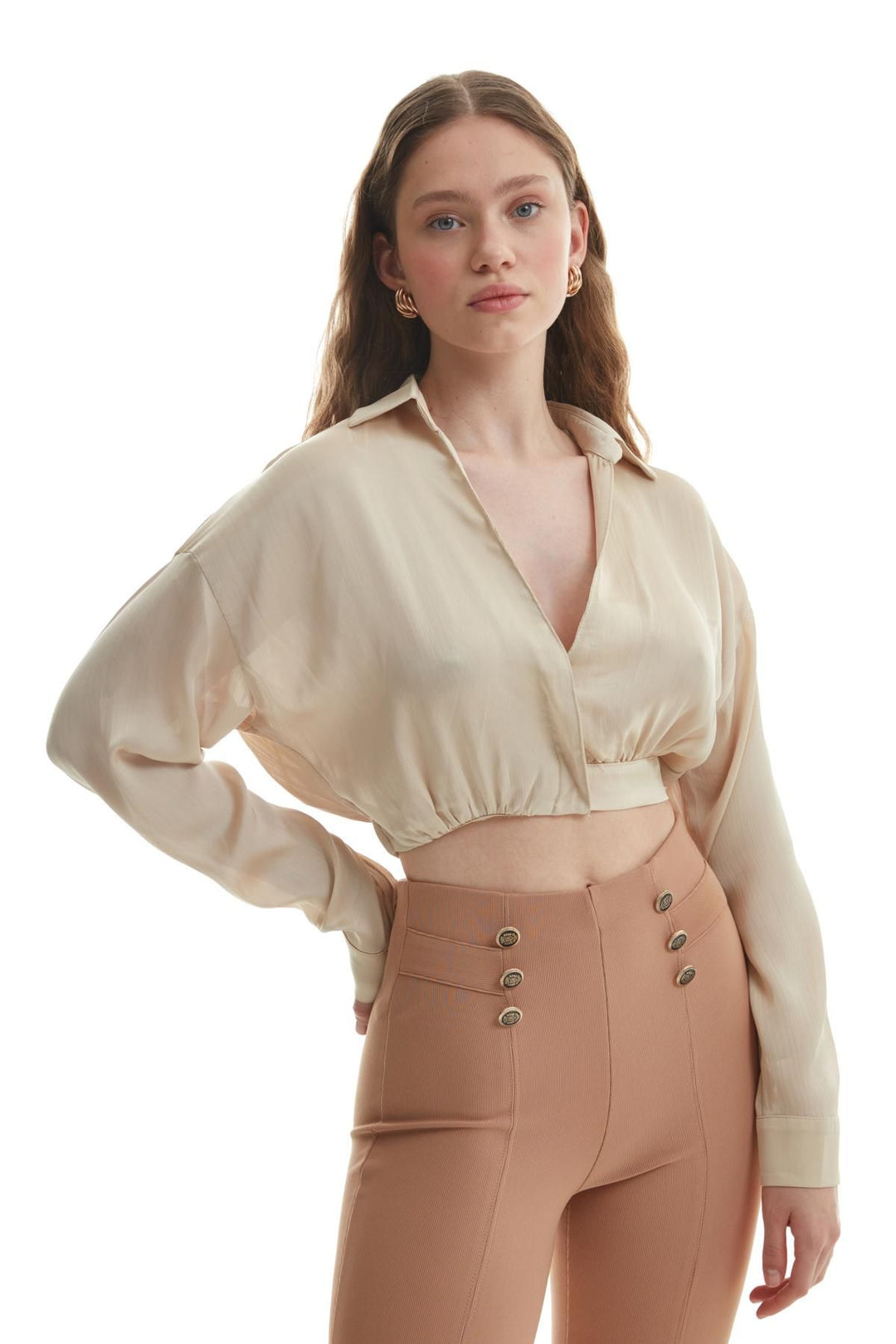 Elastic Waist Crop Blouse Beige