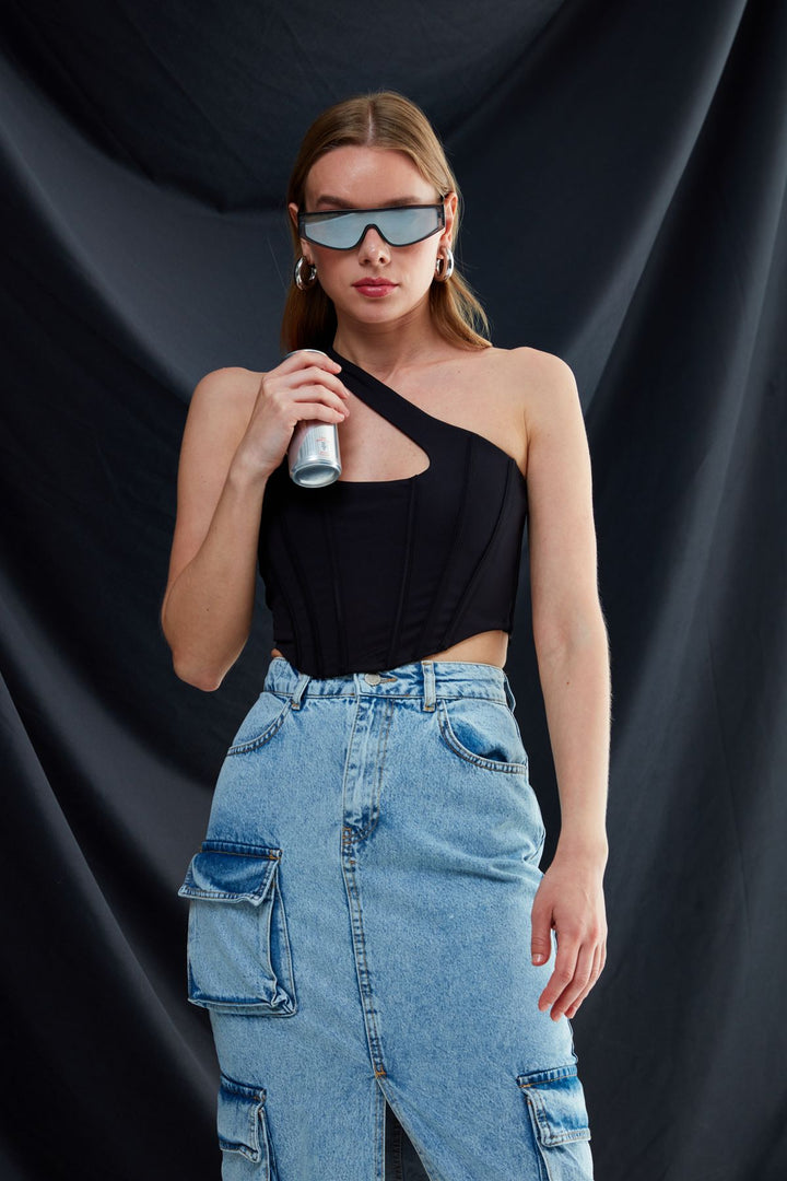 Asymmetrical Strap Underwire Blouse Black