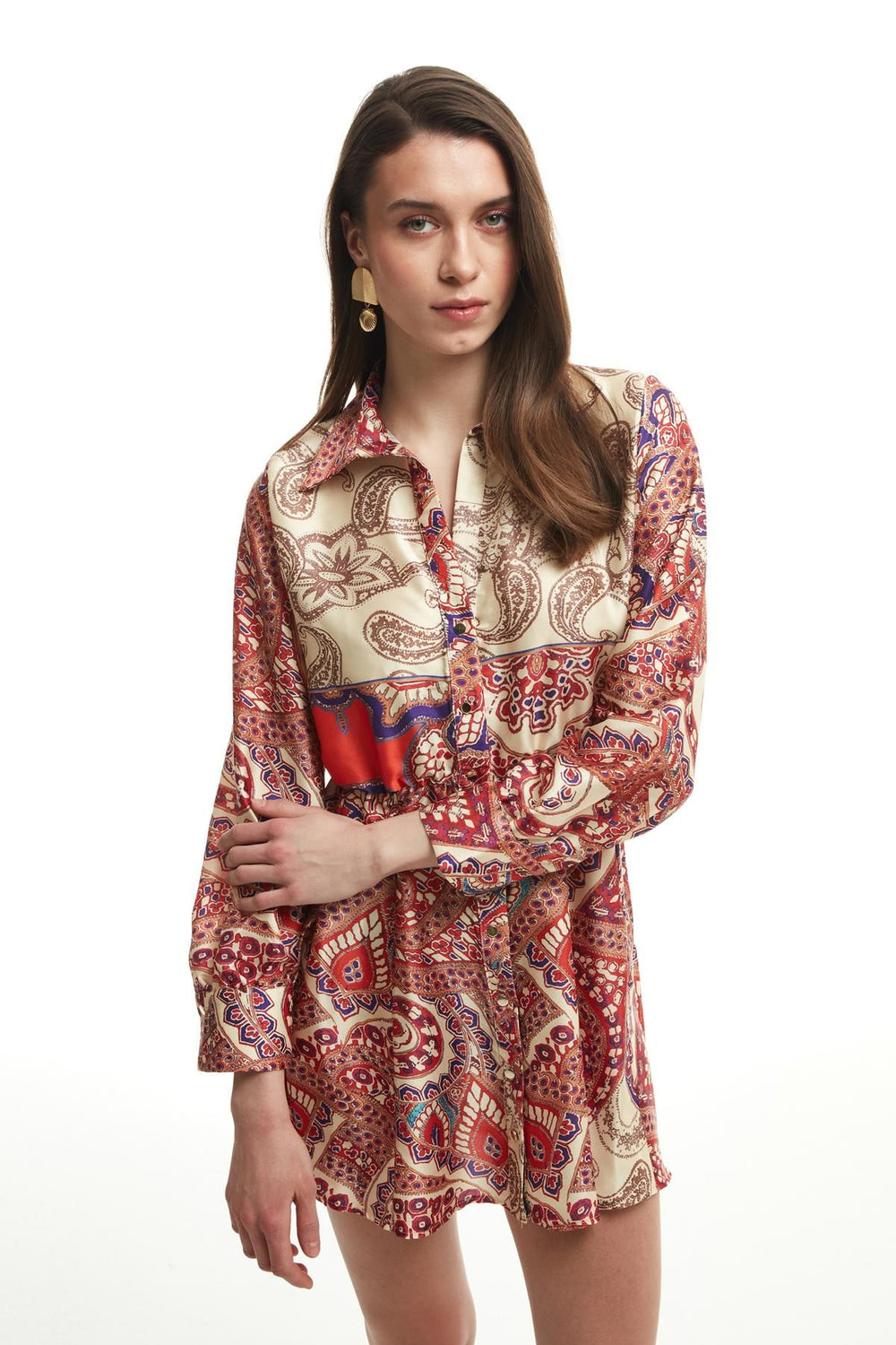 Colorful Patterned Satin Dress Orange