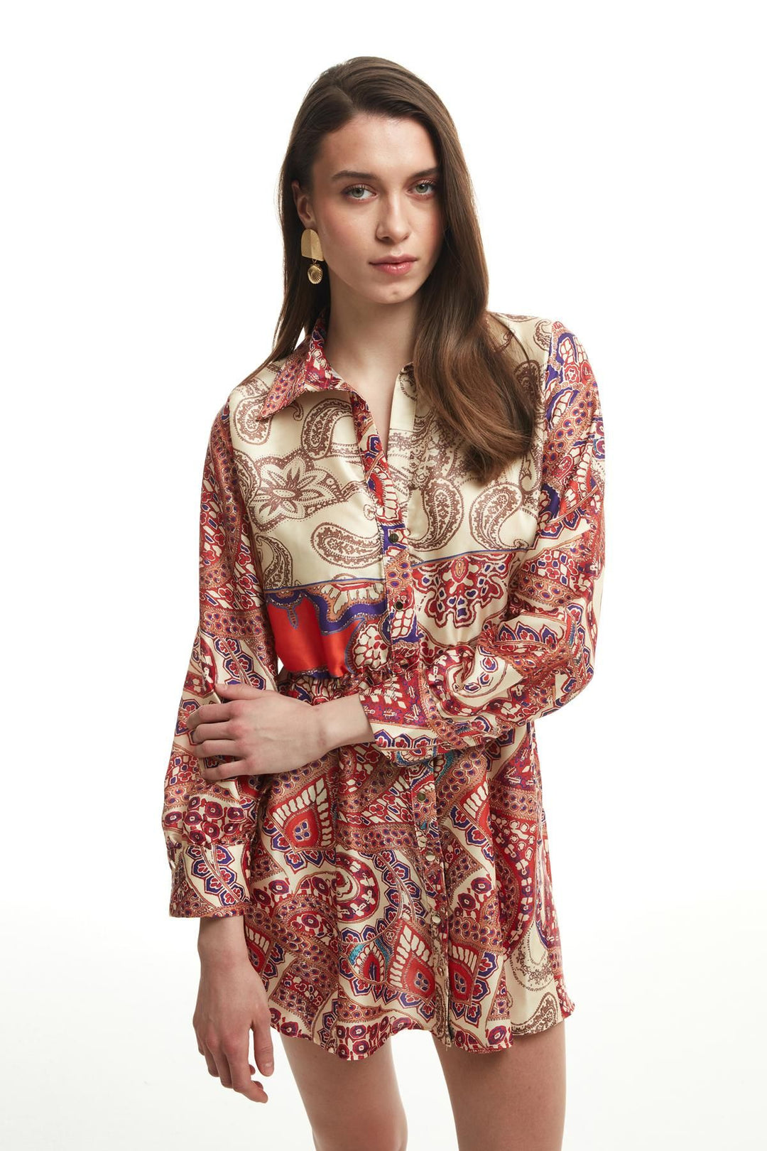 Colorful Patterned Satin Dress Orange