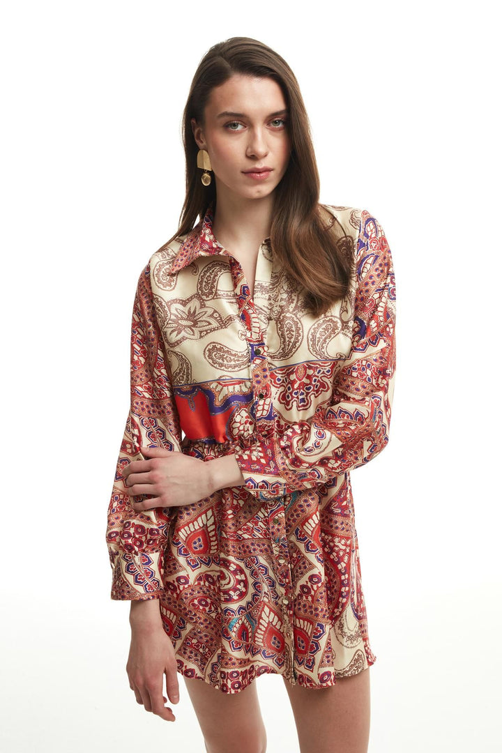 Colorful Patterned Satin Dress Orange