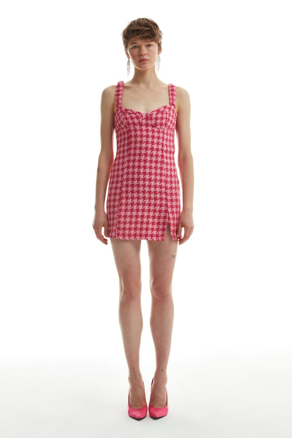 Slit Detailed Tweed Mini Dress Fuchsia