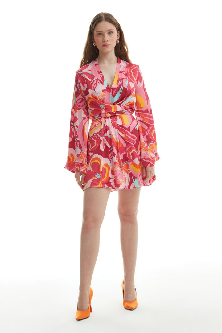 Colorful Patterned Satin Dress Fuchsia