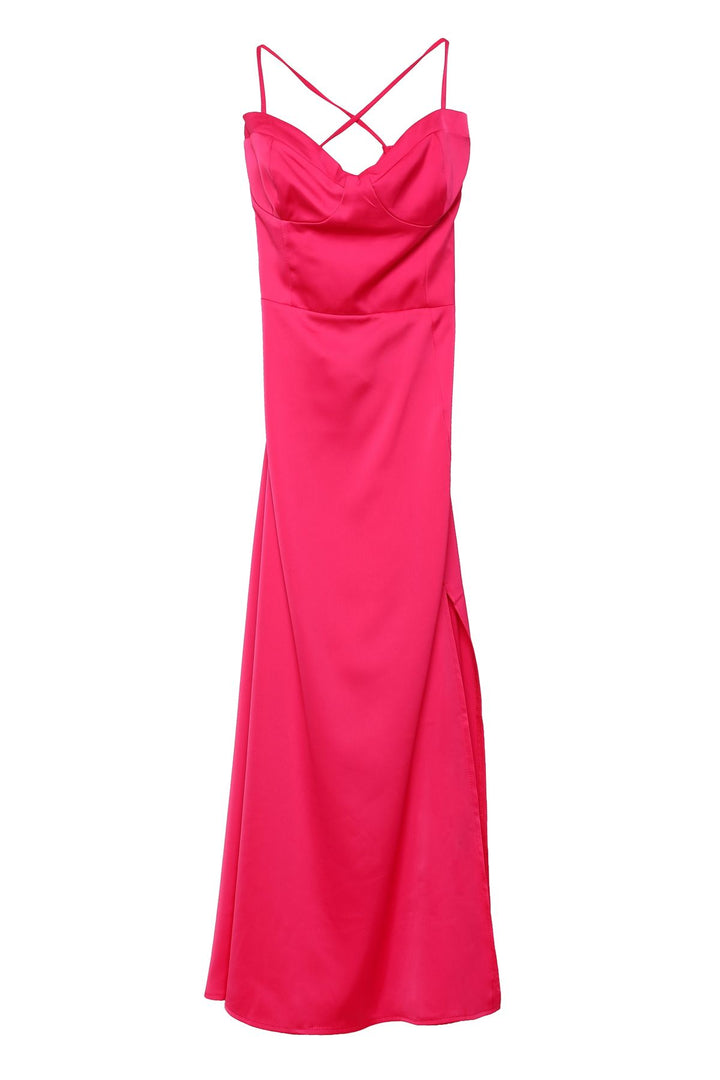 Sırtı Bağlamalı Straplez Saten Elbise Fuşya
