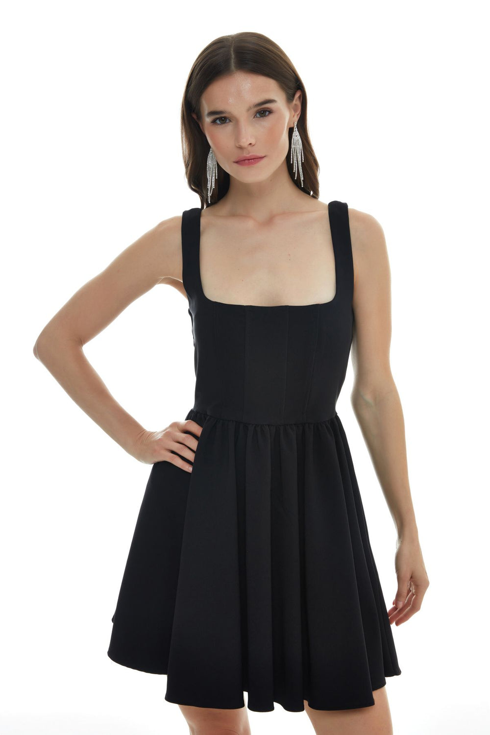 Square Neck Elastic Waist Mini Dress Black