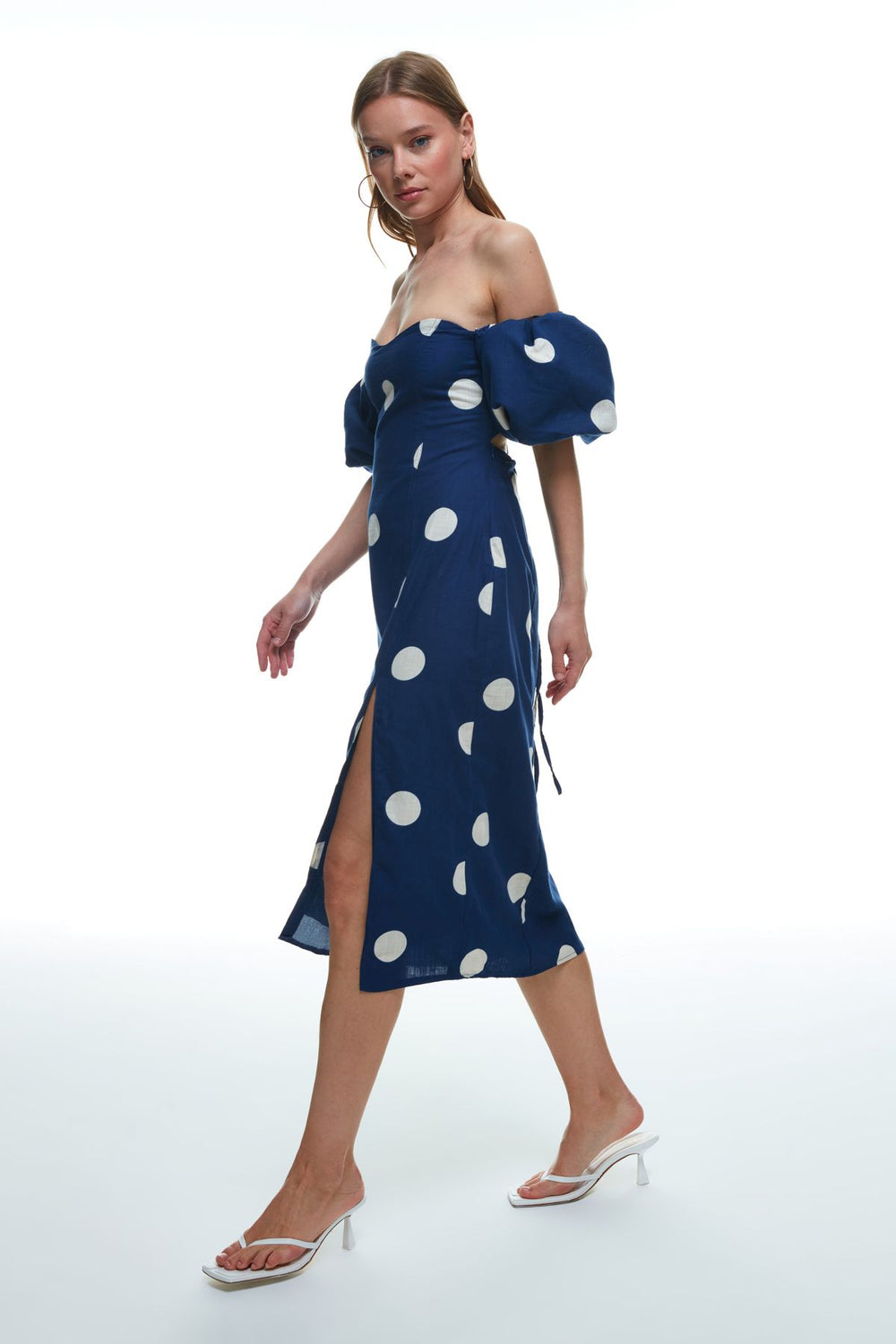 Balloon Sleeve Polka Dot Midi Dress Navy Blue