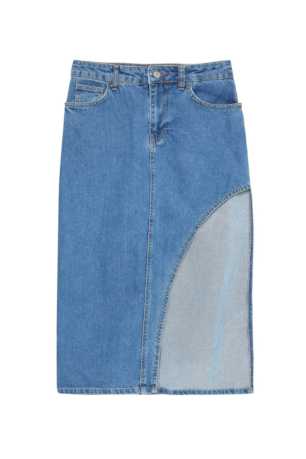 Slit Detailed Midi Length Denim Skirt Blue