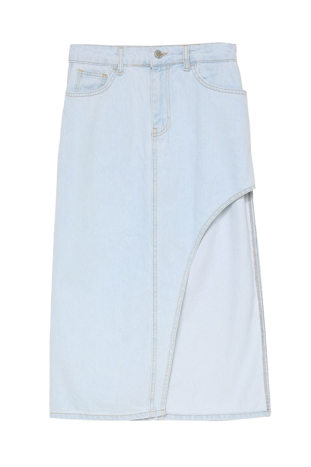 Slit Detailed Midi Length Denim Skirt Ice Blue