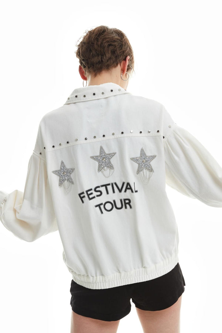 Back Stone Detailed Denim Jacket Ecru