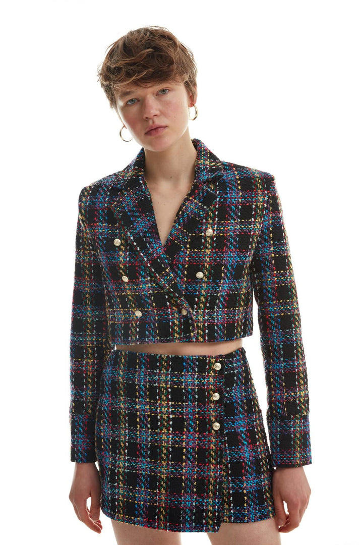 Colorful Tweed Crop Blazer Jacket Black