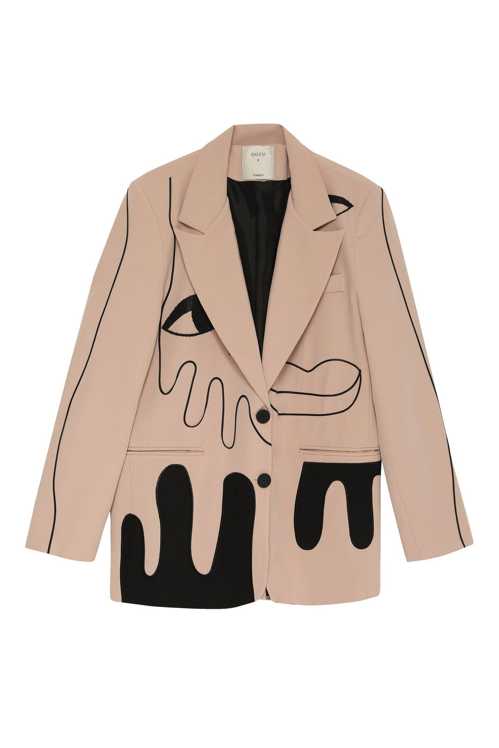 Embroidery Detailed Printed Blazer Jacket Beige