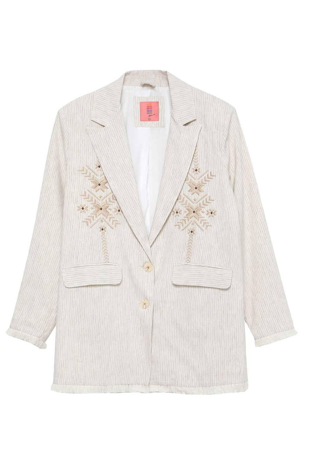Embroidery Detailed Linen Oversize Blazer Jacket Natural