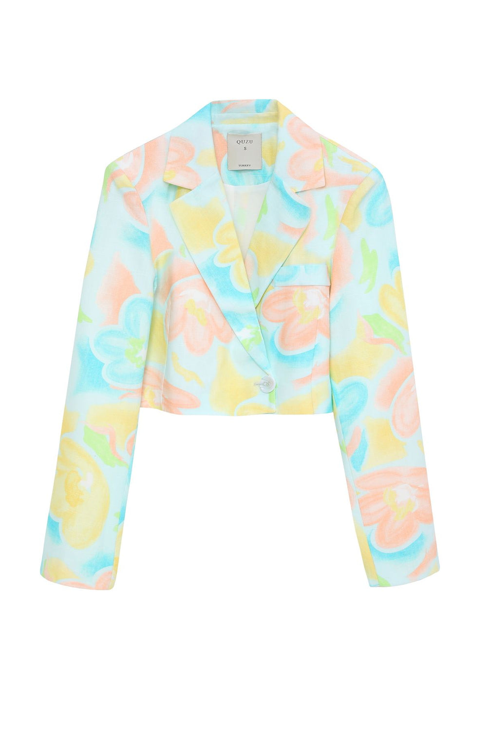 Colorful Patterned Crop Blazer Jacket Yellow
