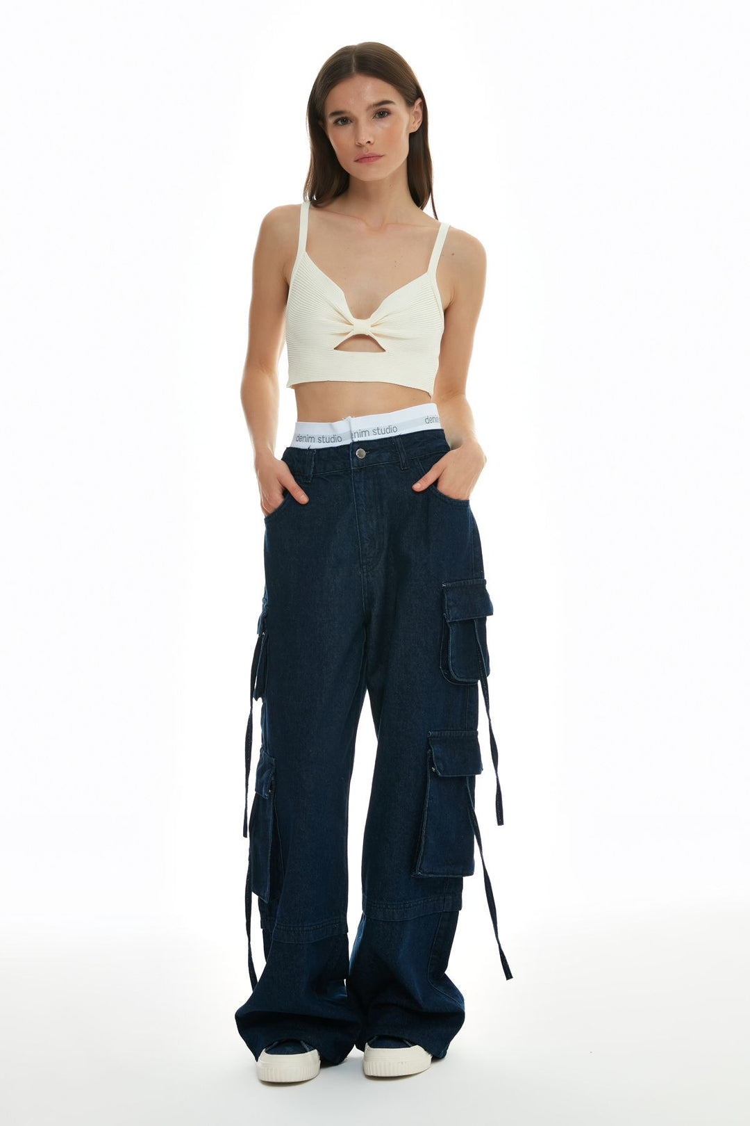 Elastic Detailed Cargo Jeans Blue