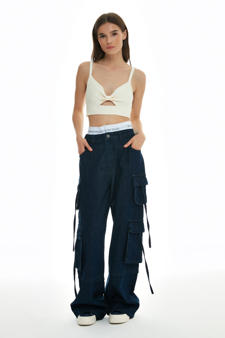 Elastic Detailed Cargo Jeans Blue