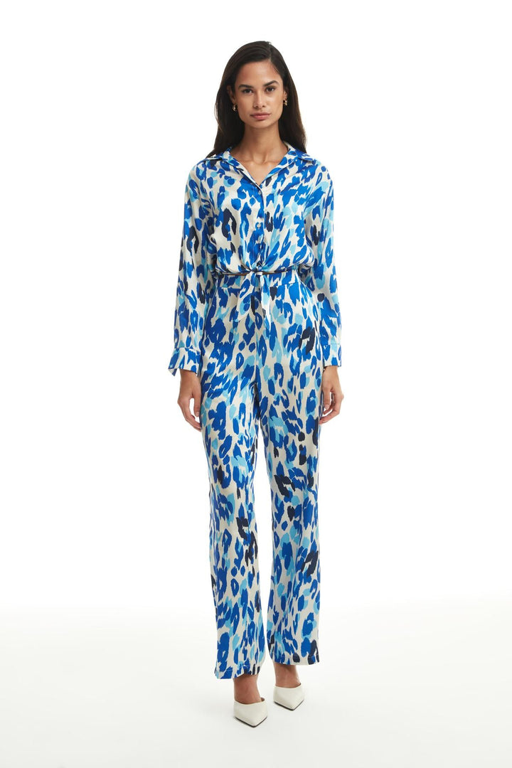 Patterned Satin Wide Leg Trousers Sax