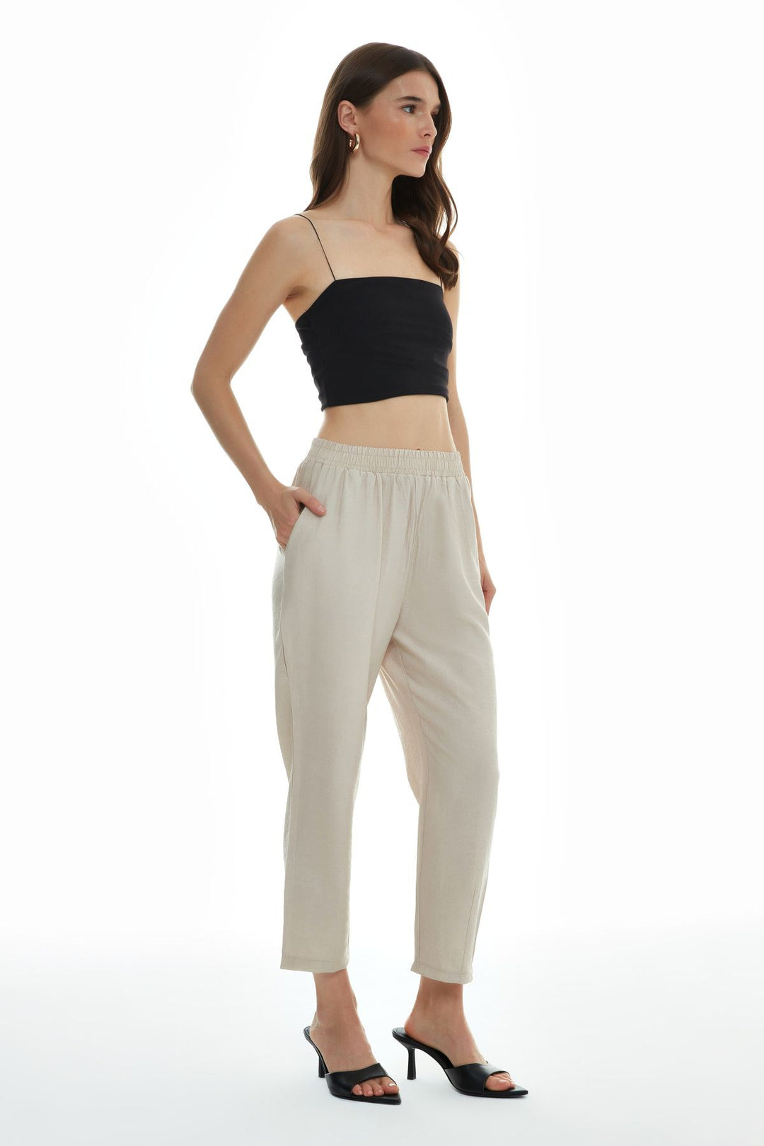 Elastic Waist Trousers Beige