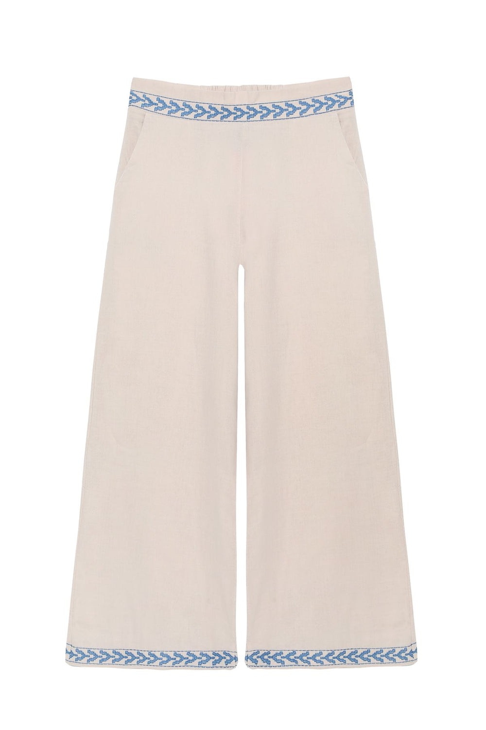 Embroidery Detailed Wide Leg Trousers Beige