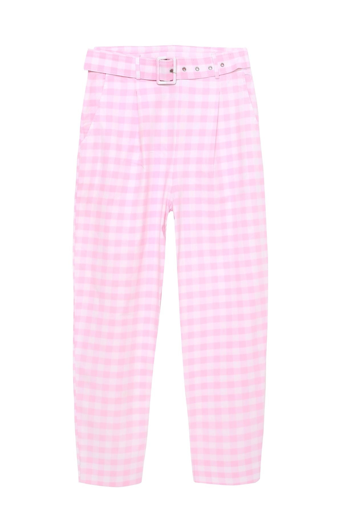 Belt Detailed Checked High Waist Trousers Pink