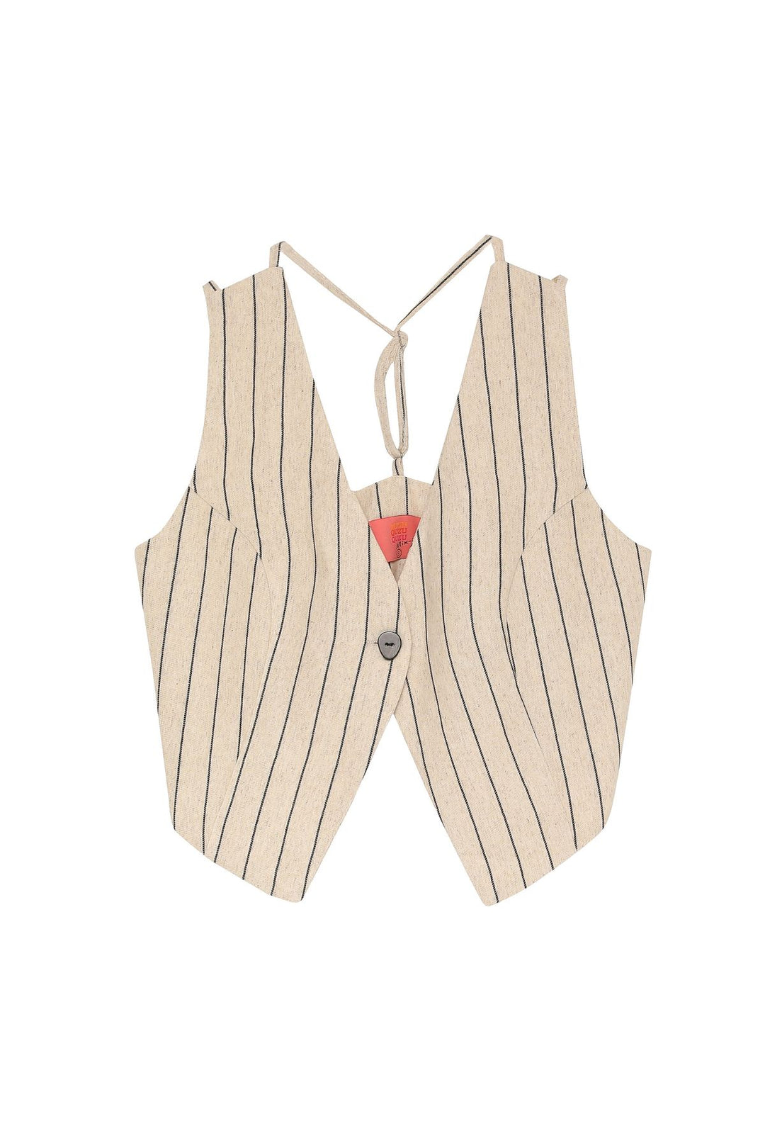 Striped Button Detailed Linen Vest Natural