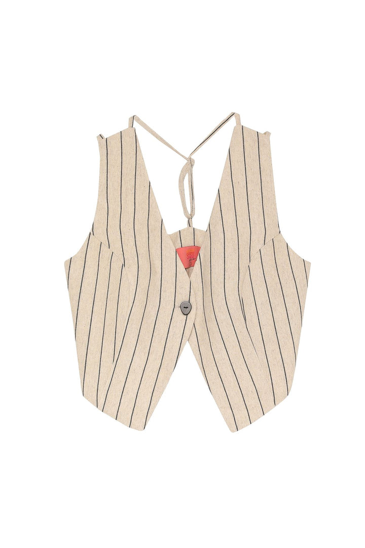 Striped Button Detailed Linen Vest Natural