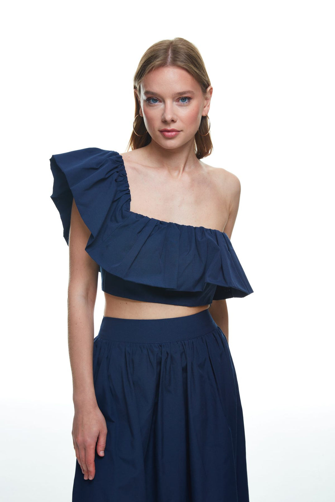 Ruffle Detailed One-Shoulder Crop Blouse Navy