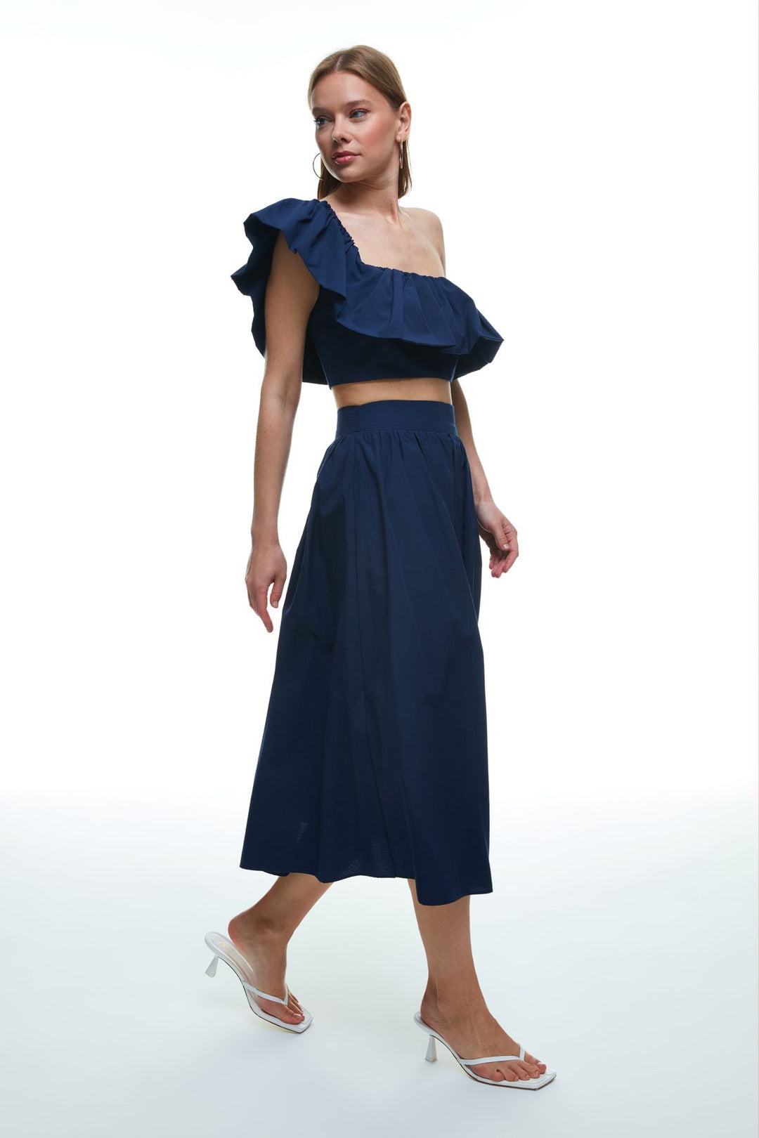 High Waist Pleated Detailed Midi Skirt Navy Blue