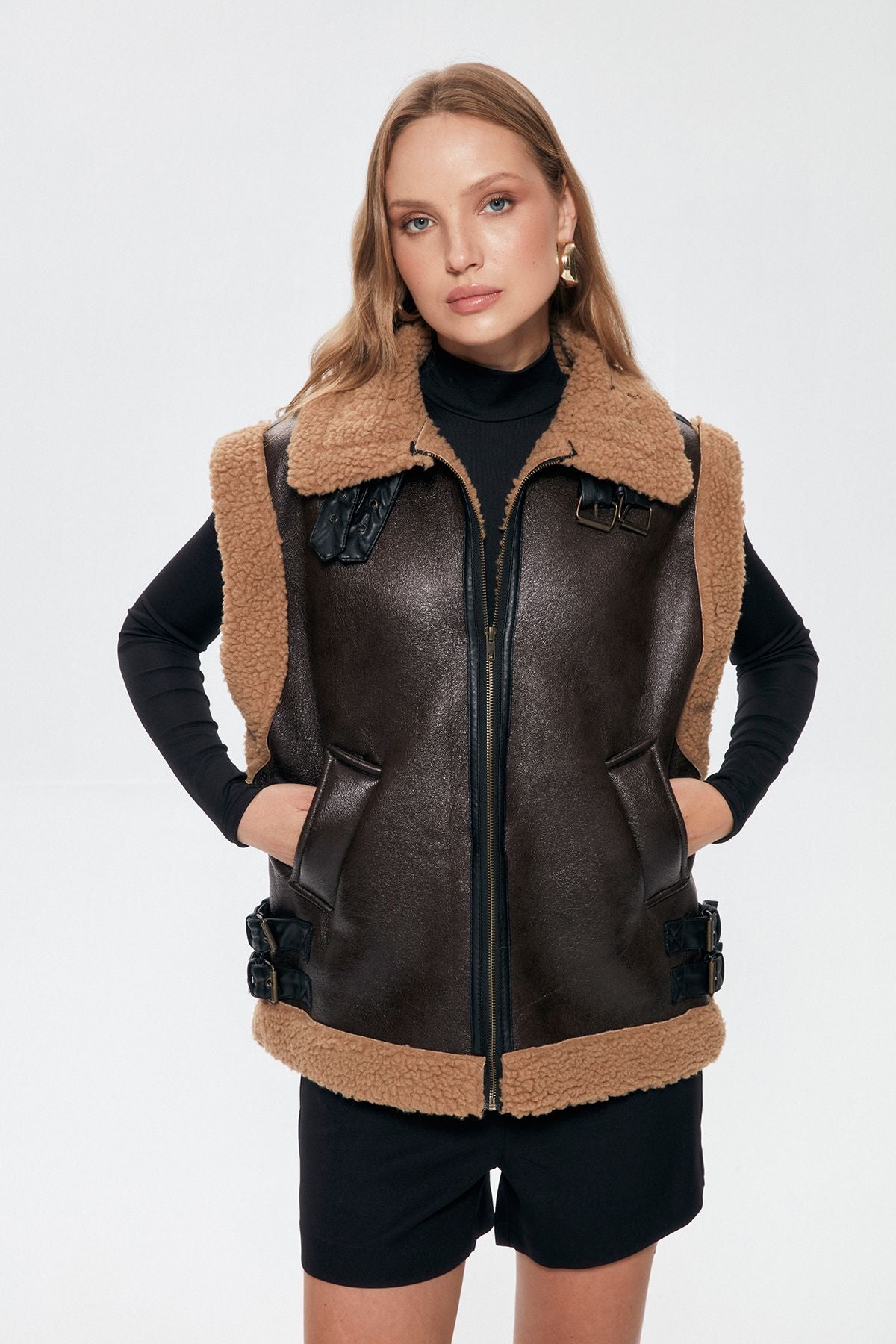 Furry Leather Vest Jacket Brown