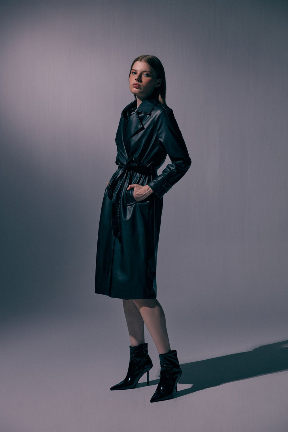 Leather Trench Coat with Tie Detail Black