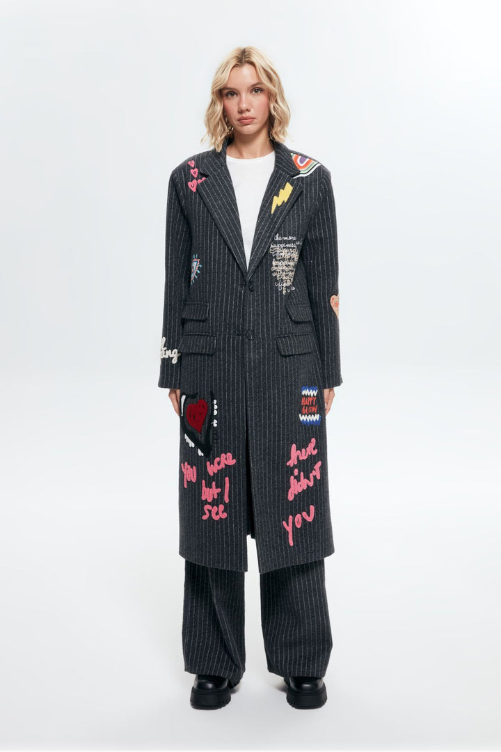 Çizgili Nakış Detaylı Kaban Antrasit