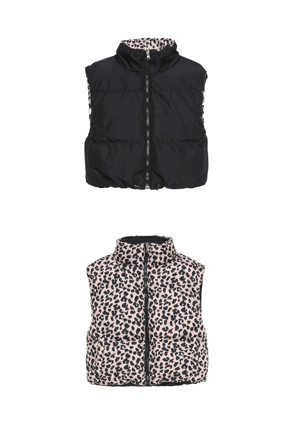 Leopard Patterned Short Puffer Vest Brown
