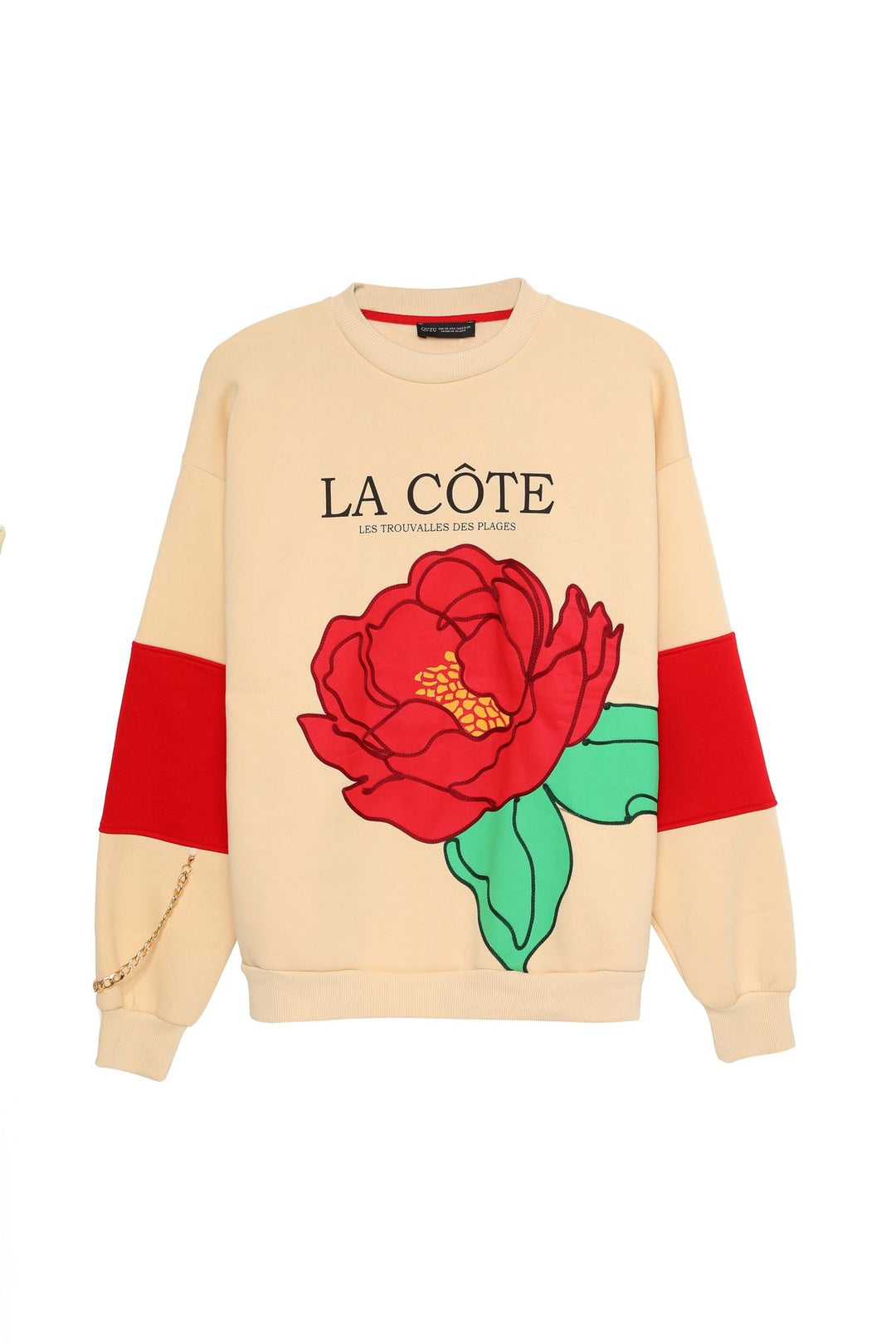 Kabartma Çiçek Baskılı Oversize Sweatshirt Bej